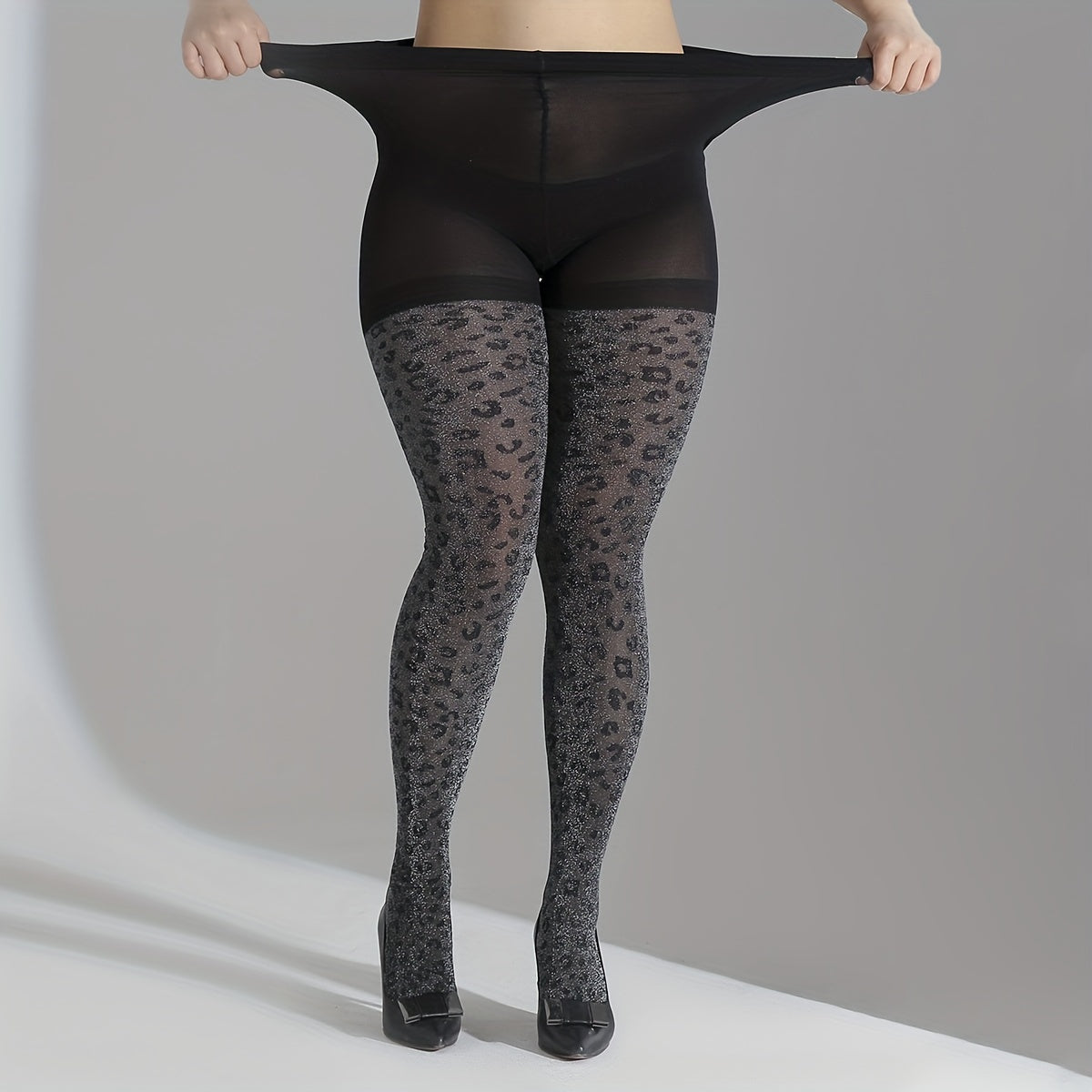 Plus Size Shimmer Leopard Print High Rise Pantyhose