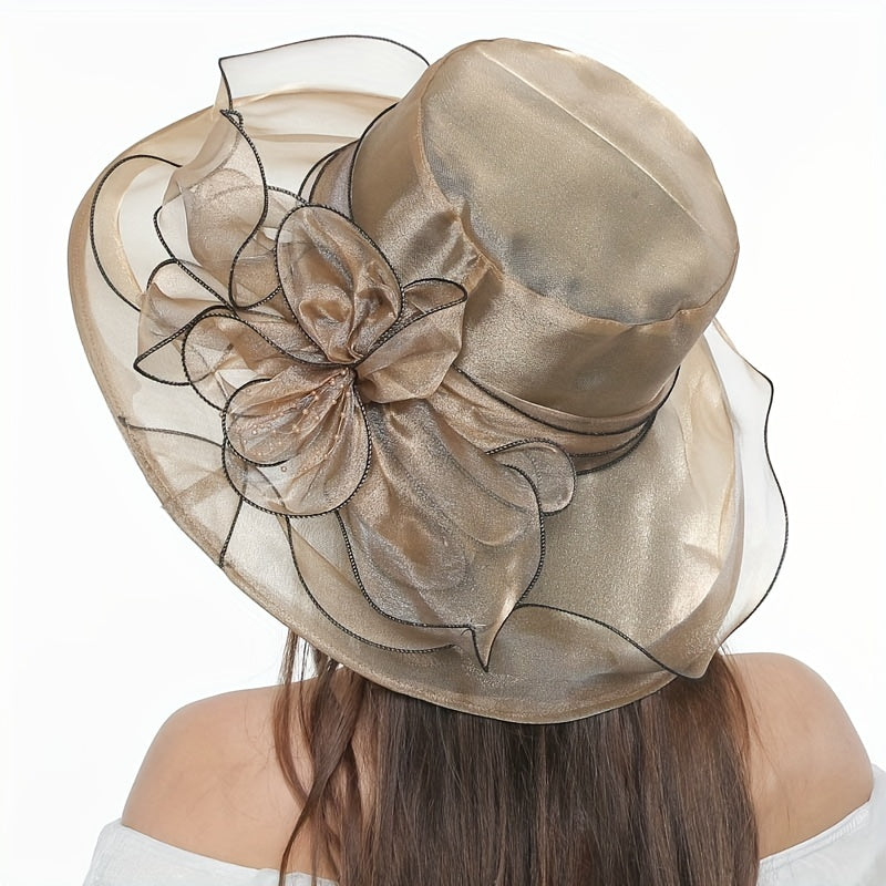 Wide Brim Church Derby Hat Mesh Flower Decor Organza Sun Hat