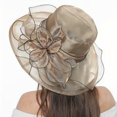 Wide Brim Church Derby Hat Mesh Flower Decor Organza Sun Hat