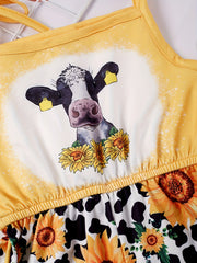 Toddler Girls Cow & Sunflower Cami Romper Beach Vacation Summer Clothes