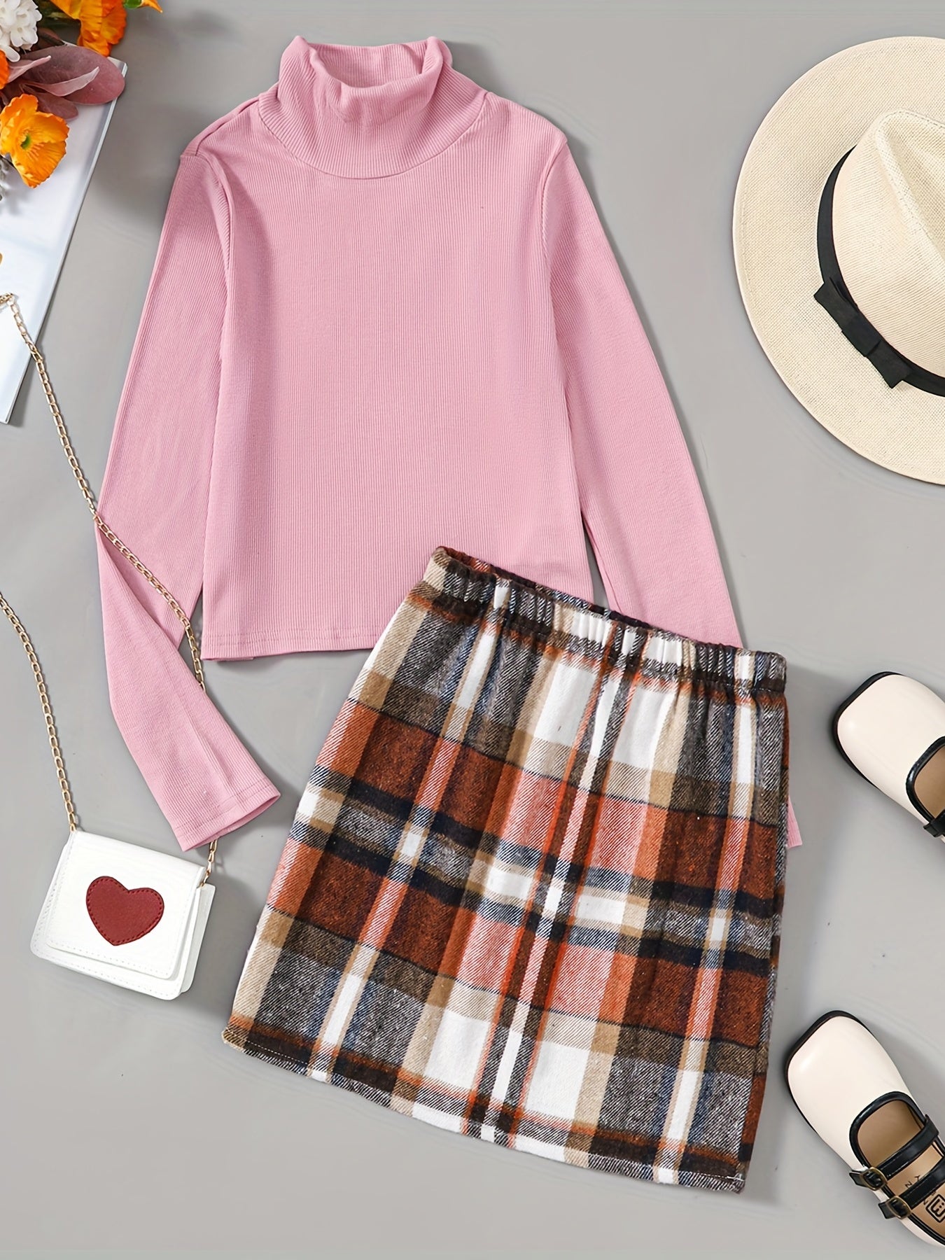Girls Turtleneck Knit Top & Plaid Short Skirt Set