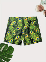 Men's Peacock Tail Feather Swim Trunks High Stretch for Beach & Pool
