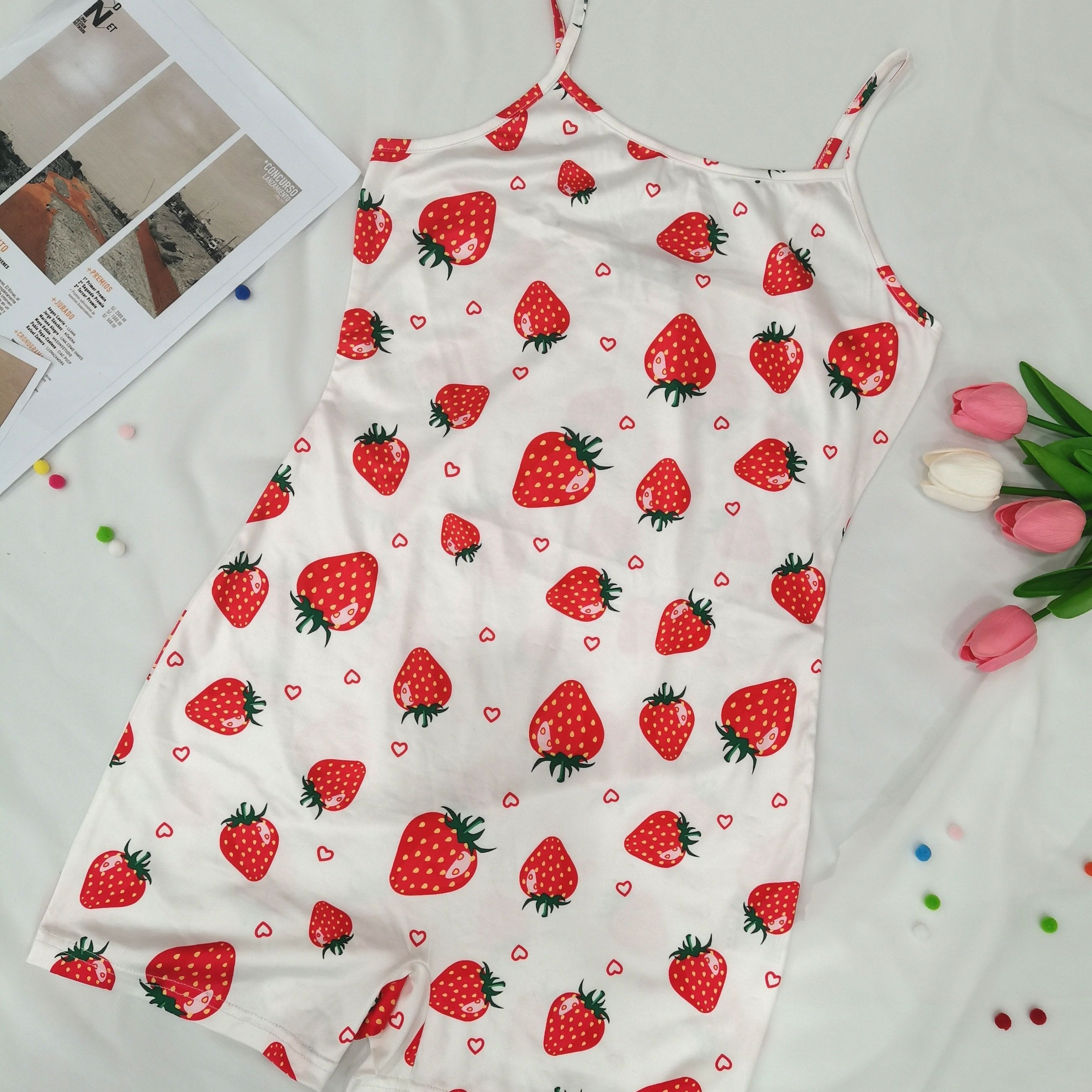 Strawberry Print Pajama Romper Sleeveless Crew Neck