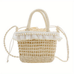 Girls' Lace Straw Woven Handbag Casual Crossbody Bag