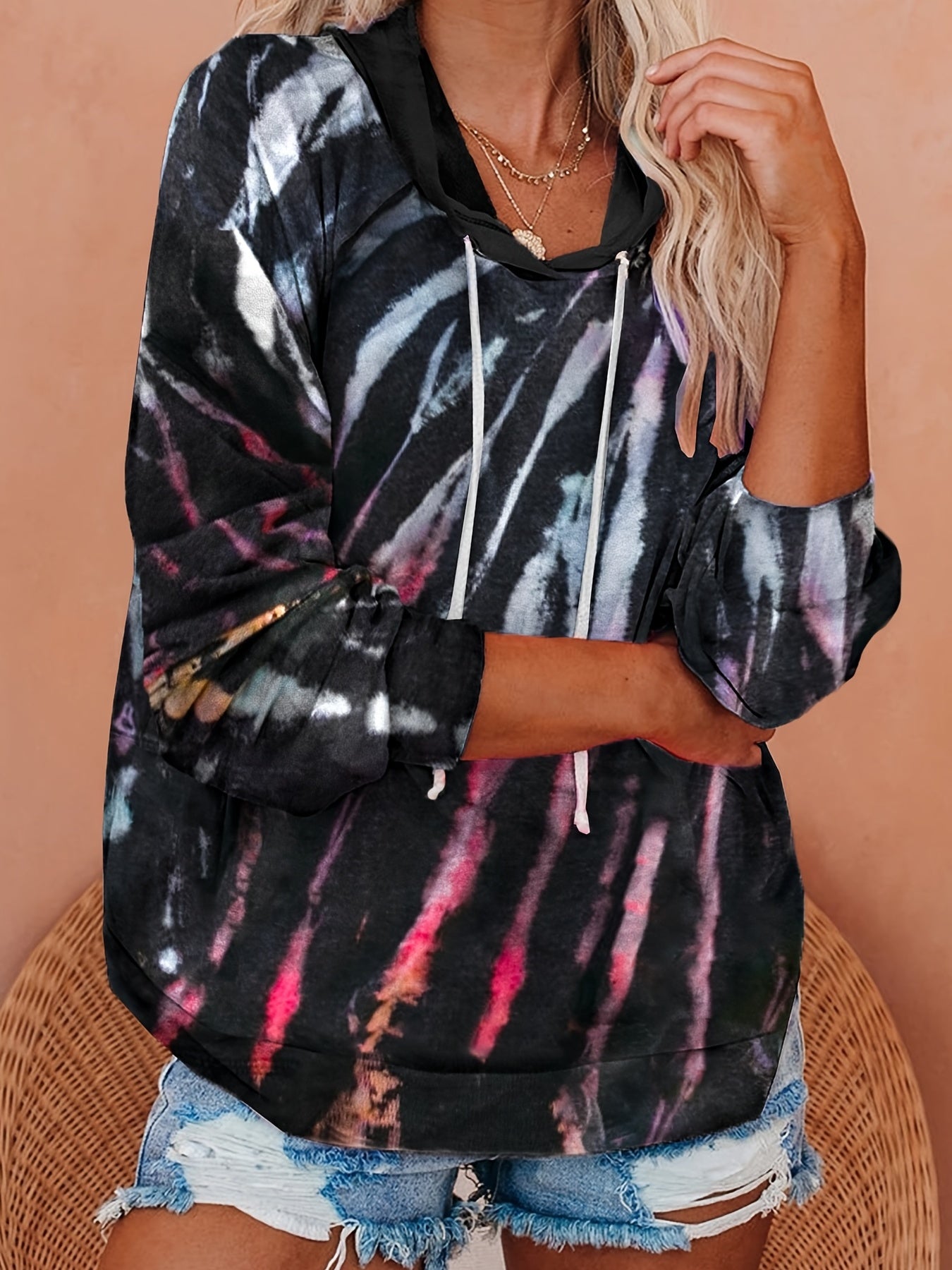 Tie Dye Long Sleeve Hoodie Drawstring Sweatshirt Women's Clothing