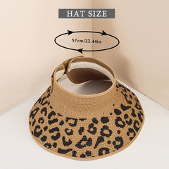 Leopard Bow Sun Visor Hat For Women Girls Beach Lake Garden Travel Straw Hat