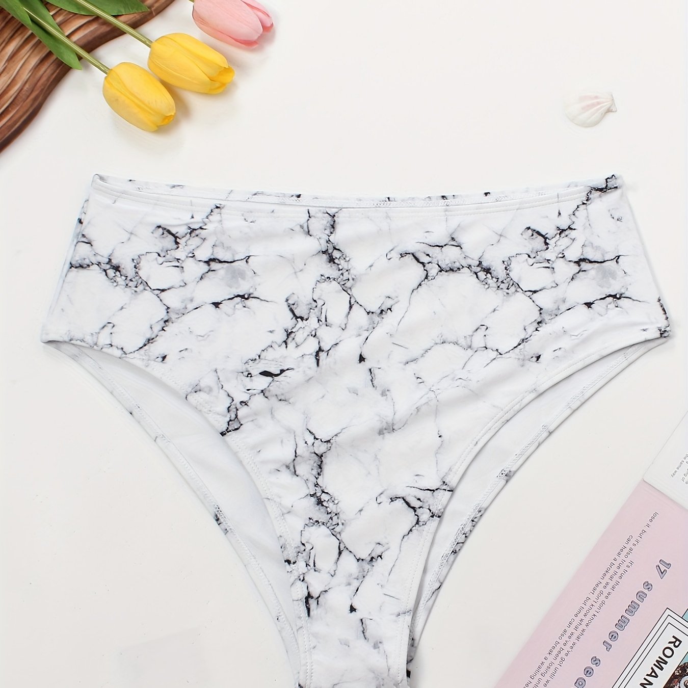 Marble Print Bikini Bottoms High Stretch Swimwear Plus Size