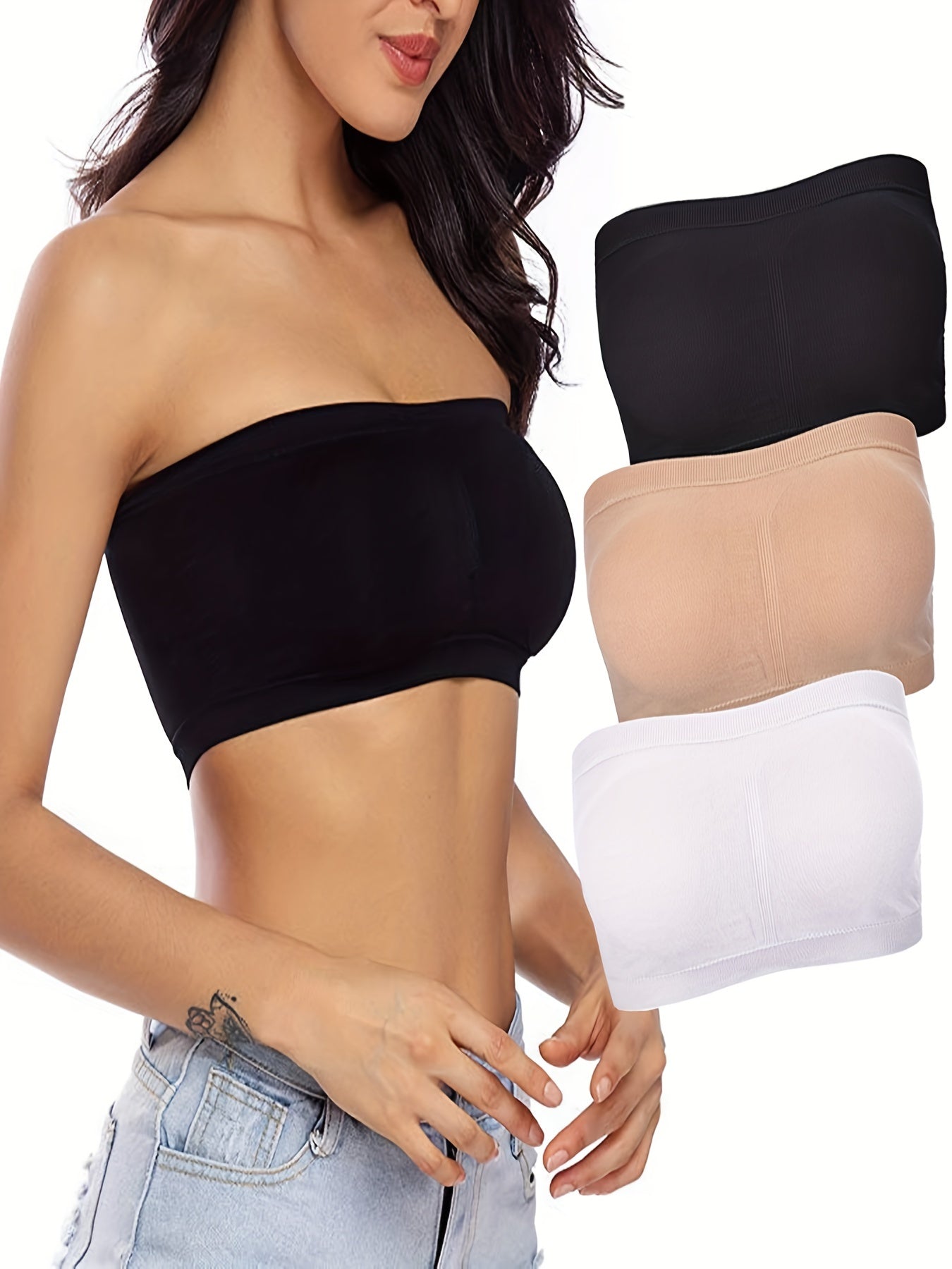 3 Pack Plus Size Tube Bra Ruched Wireless Removable Pad