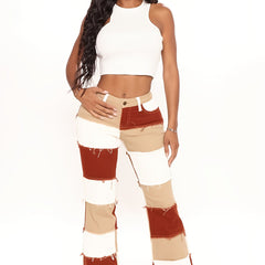 Colorblock Bell Bottom Jeans Wide Legs Raw Trim Pants