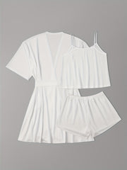Textured Pajama Set Solid Cami Top & Shorts & Nightgown Lounge