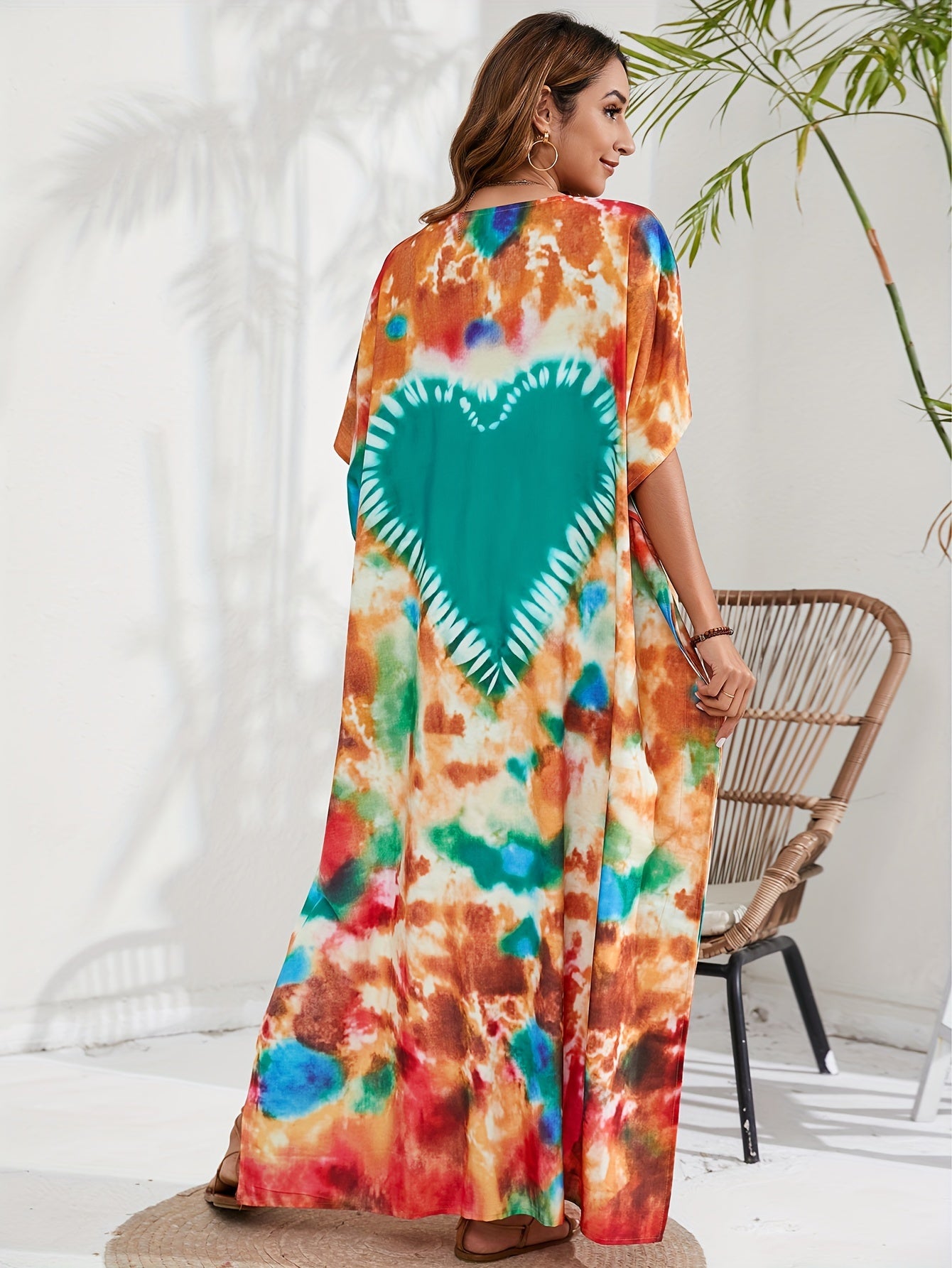 Boho Cover Up Tie Dye Heart Pattern V Neck Maxi Beach Cover Up