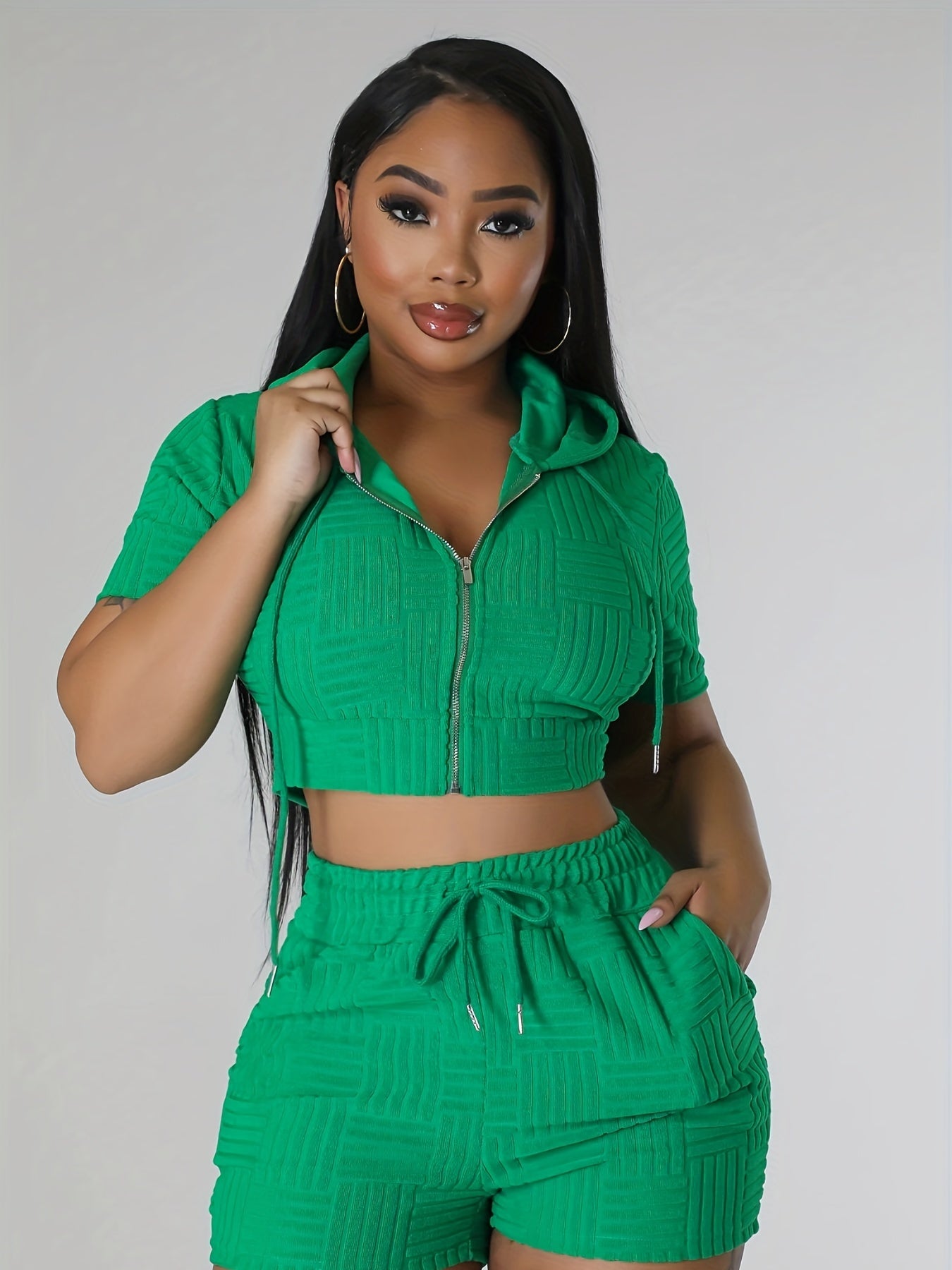 Casual Solid Two Piece Shorts Set Zip Up Hooded Crop Top & Drawstring Shorts