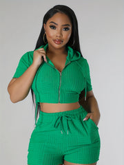 Casual Solid Two Piece Shorts Set Zip Up Hooded Crop Top & Drawstring Shorts