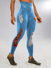 Halloween Pumpkin & Ghost Leggings Tummy Control High Waist Yoga Fitness Tights