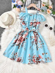 Girls Cold Shoulder Ruffle Trim Flowers Graphic Princess Dress
