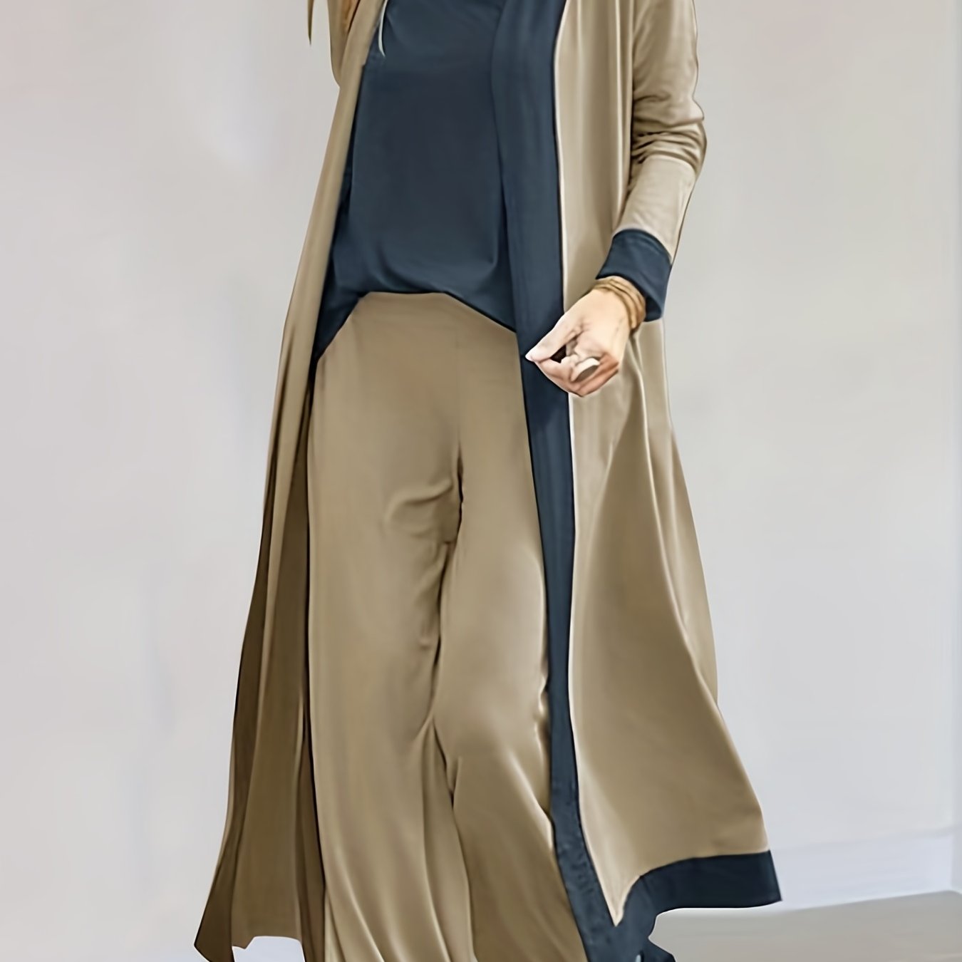 Casual 3pc Set Open Front Cardigan & V Neck Tops & Wide Leg Pants