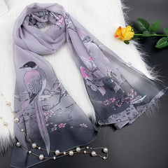 Thin Chiffon Scarf with Chinese Painting Print - Outdoor Head Wrap
