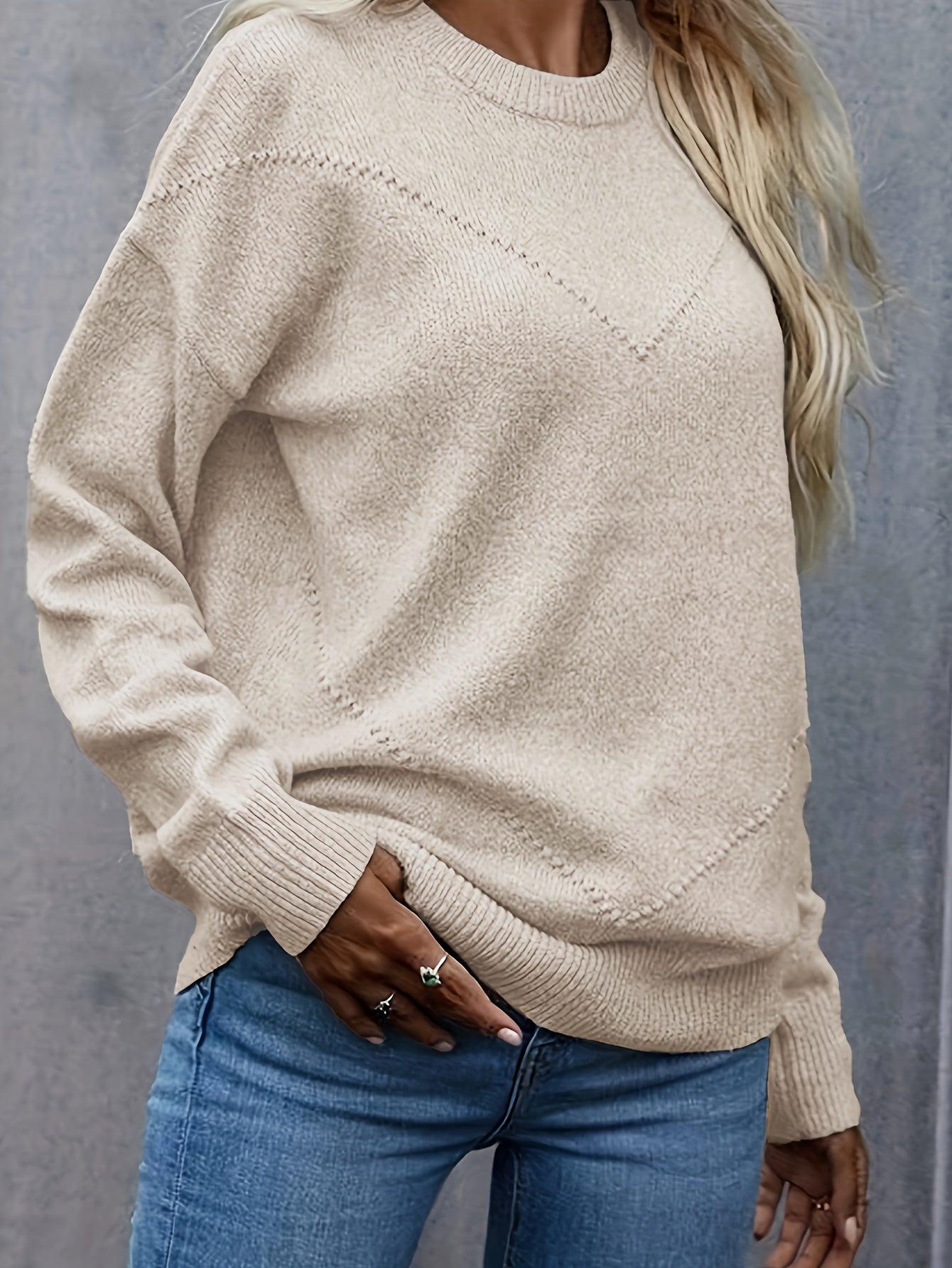 Casual Sweater Women's Plus Solid Jacquard Long Sleeve Round Neck