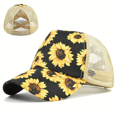 Sunflower Cross Elastic Mesh Cap Cotton Ponytail Baseball Cap