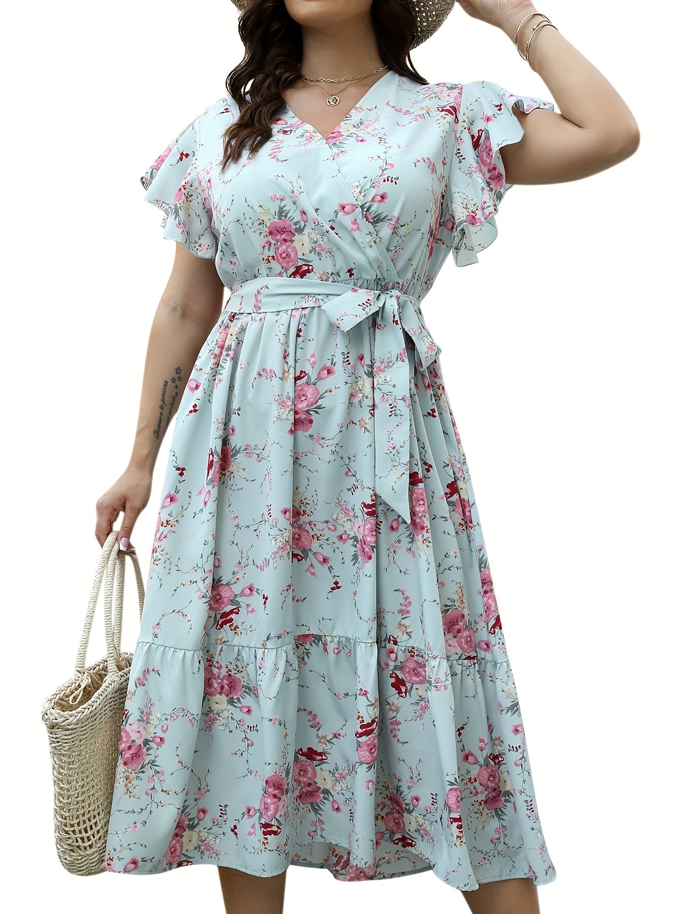 Dot Print Ruffle Sleeve V Neck Dress With Pockets