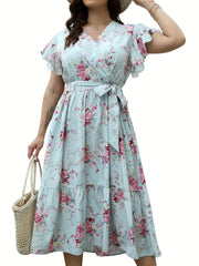 Dot Print Ruffle Sleeve V Neck Dress With Pockets