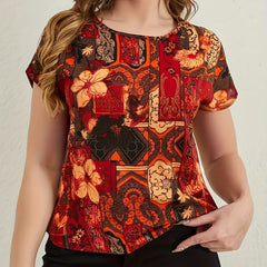 Boho Blouse Women's Plus Floral Print Short Sleeve Round Neck T