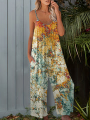 Boho Floral Print Spaghetti Jumpsuit Loose Wide Leg
