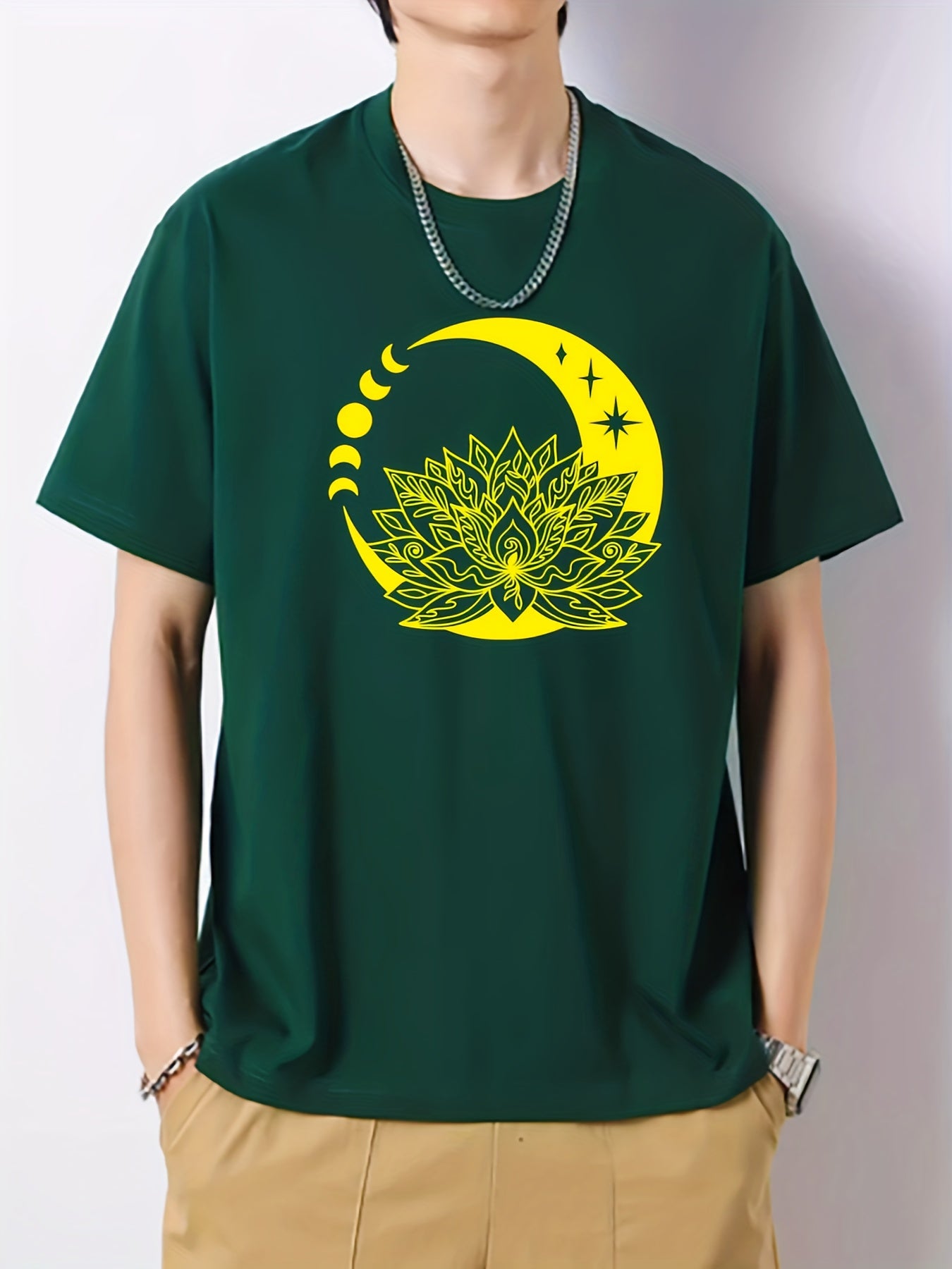 Cotton Moon Print Men's Graphic Crew Neck Active T shirt