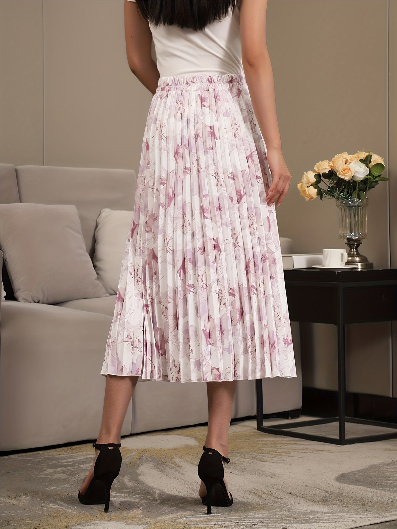 Graphic Print Pleated Skirts High Waist Versatile Skirts Women's Clothing