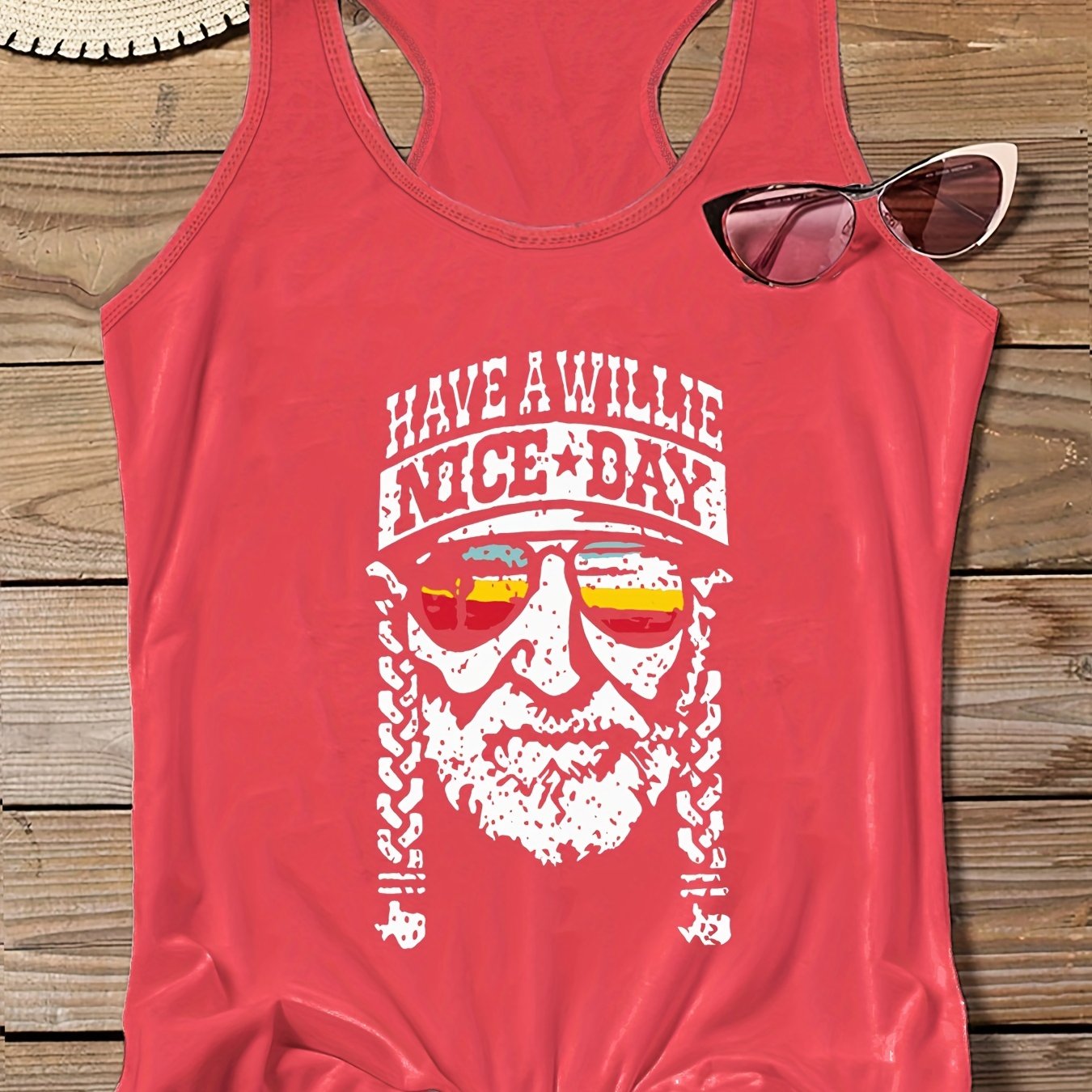 Crinkle Figure & Slogan Print Round Neck Plus Size Tank Top