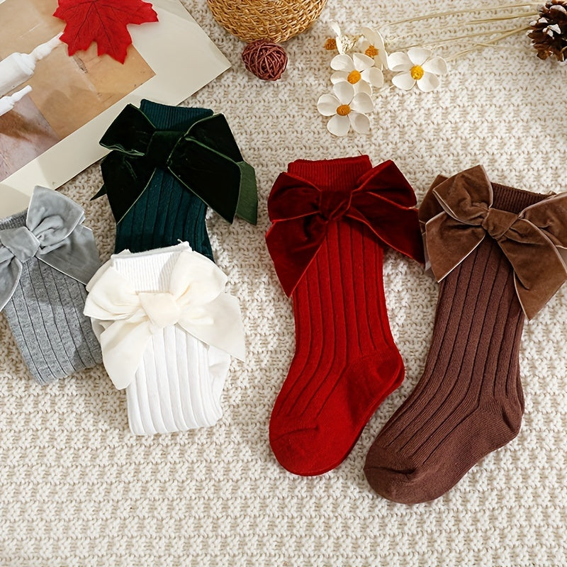 5 Pairs Baby Girl Bowknot Knee High Socks Spring Autumn