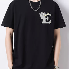 Cartoon Letter Print Men's Cotton Graphic Crew Neck T-shirt