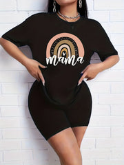 2pc Rainbow Graphic Crew Neck T-shirt & Solid Shorts Set Women's Activewear