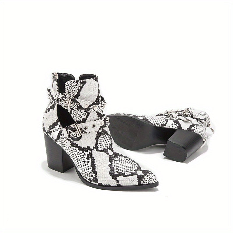 Snakeskin Ankle Boots Point Toe Back Zip Buckle Chunky Heel Shoes