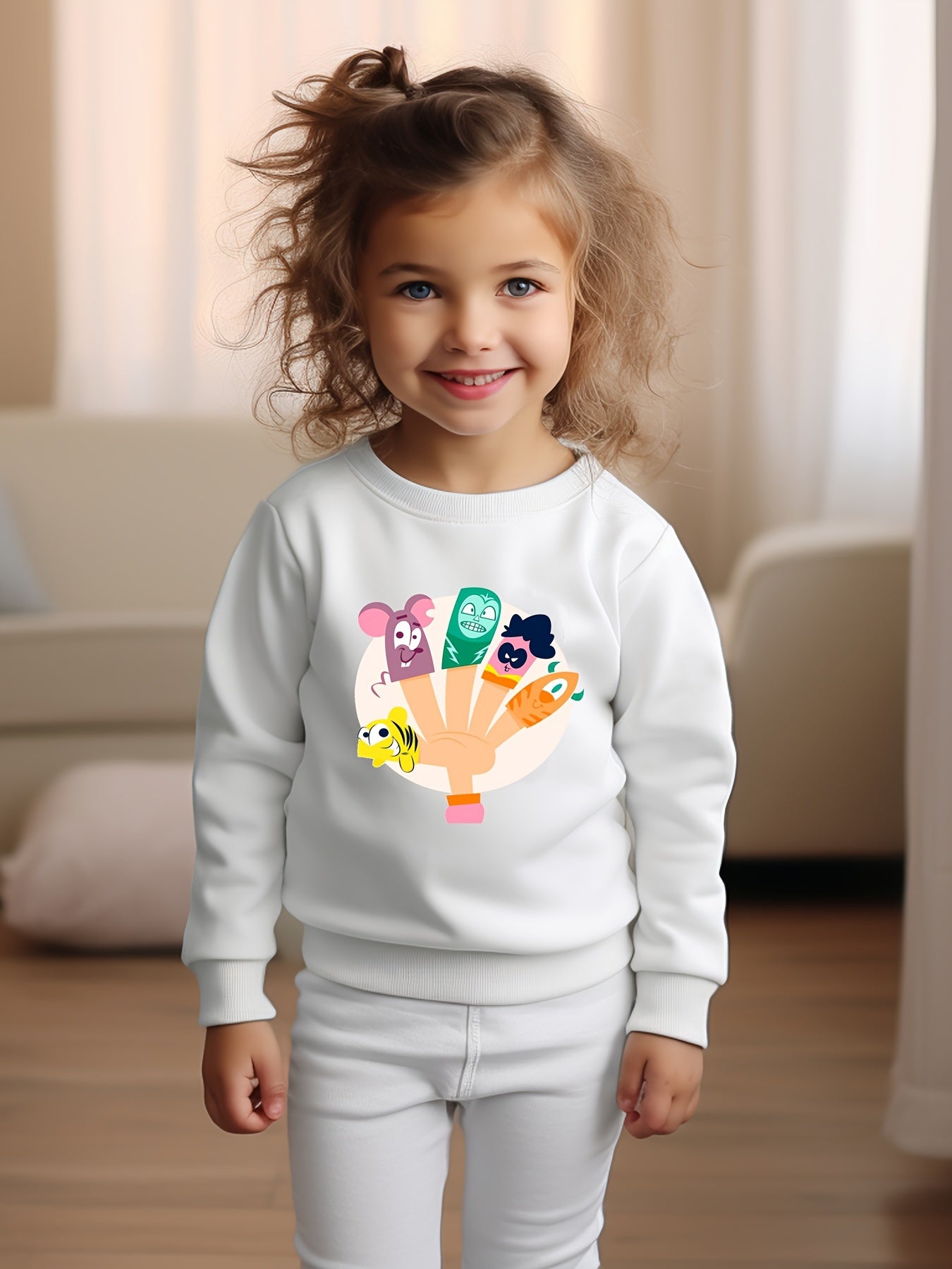 Cartoon Hand And Animals Print Girls Sweatshirt