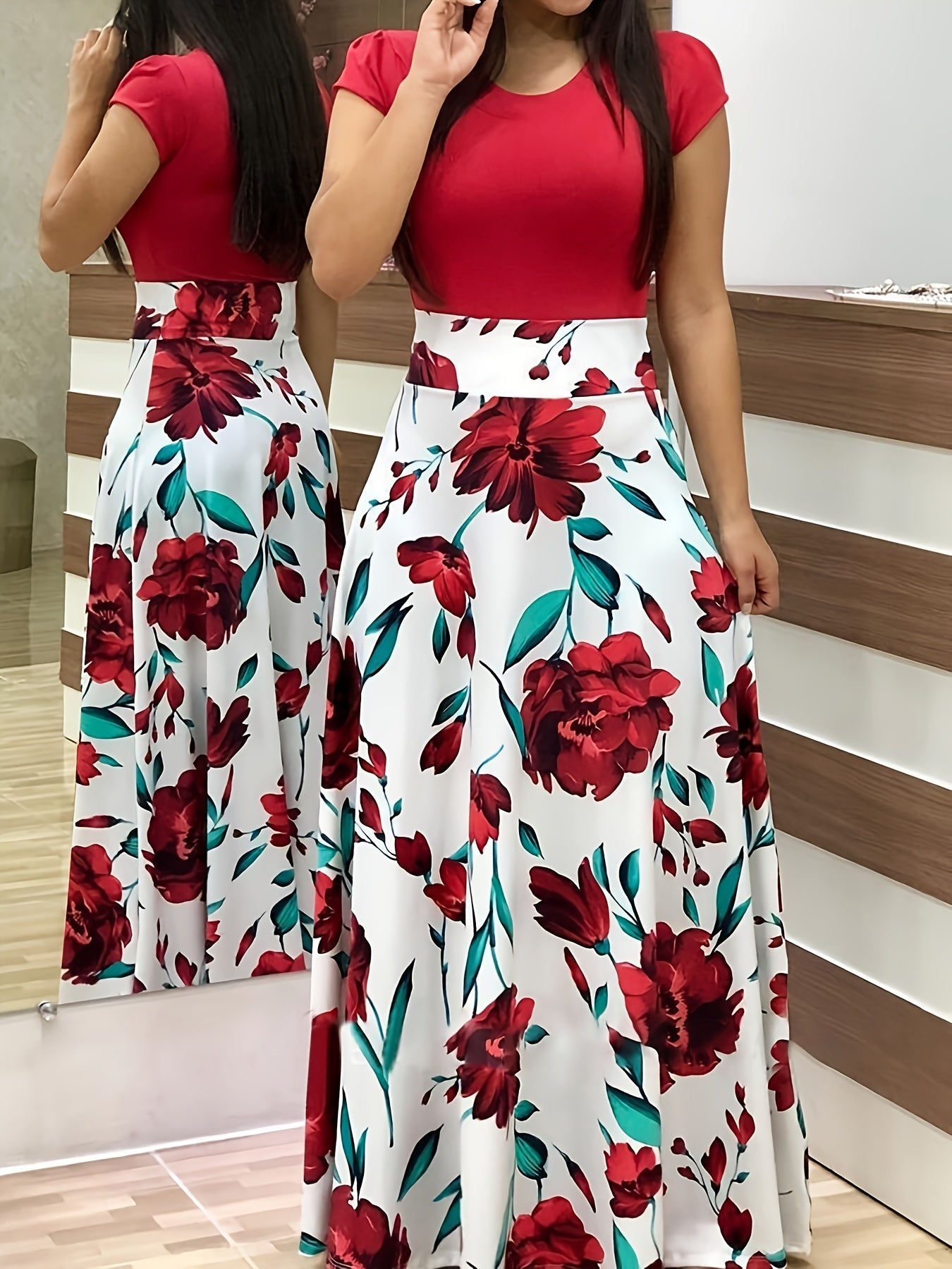 Casual Floral Print Dress Crew Neck Short Sleeve Dress