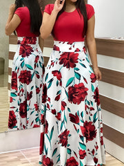 Casual Floral Print Dress Crew Neck Short Sleeve Dress