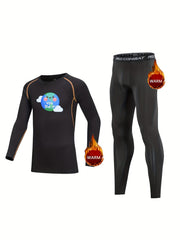 Kids Compression Fleece Sets Cartoon Pattern Crew Neck Pullover & Matching Pants