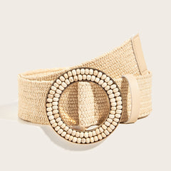 Boho Beige Braided Straw Belt Elastic Waistband