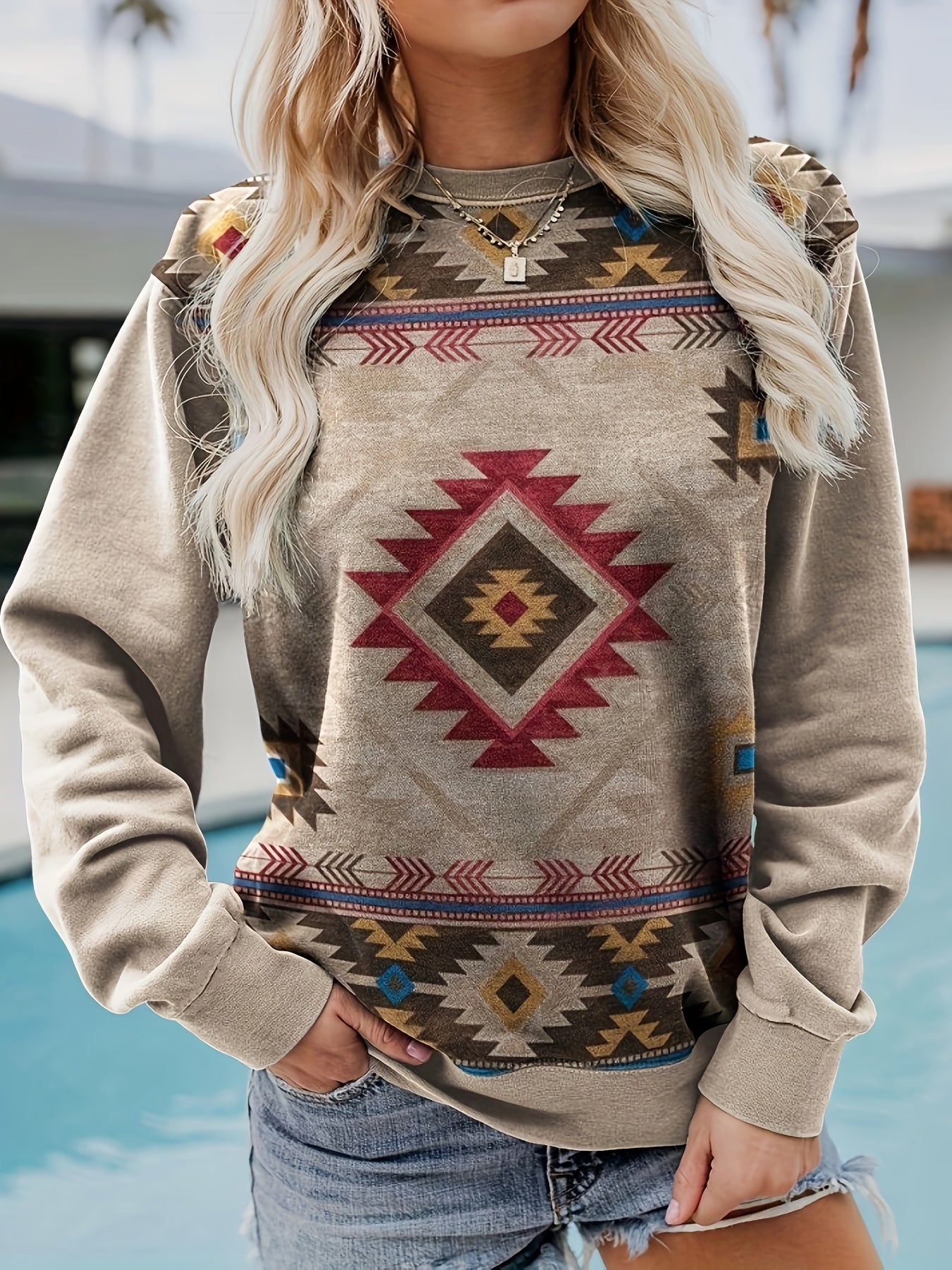 Western Style Print Sweatshirt Crew Neck for Women