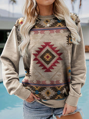 Western Style Print Sweatshirt Crew Neck for Women
