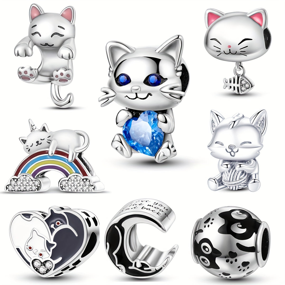 925 Silver Plated Cat Charm Beads DIY Jewelry Gift