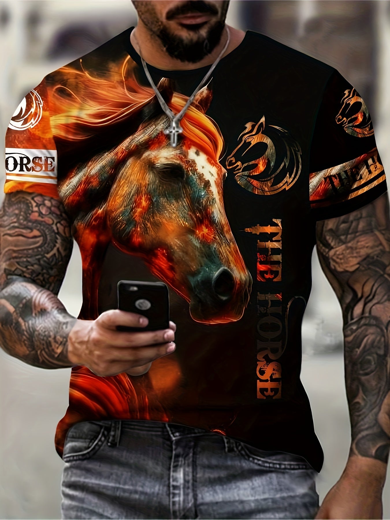 3D Horse Print Men's Stretch T-shirt Outdoor Gift for Men
