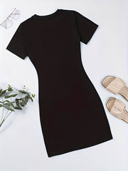 Letter Print Bodycon Dress Crew Neck Short Sleeve Casual Dress