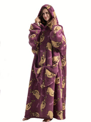 Sloth Print Fleece Robe Hooded Blanket