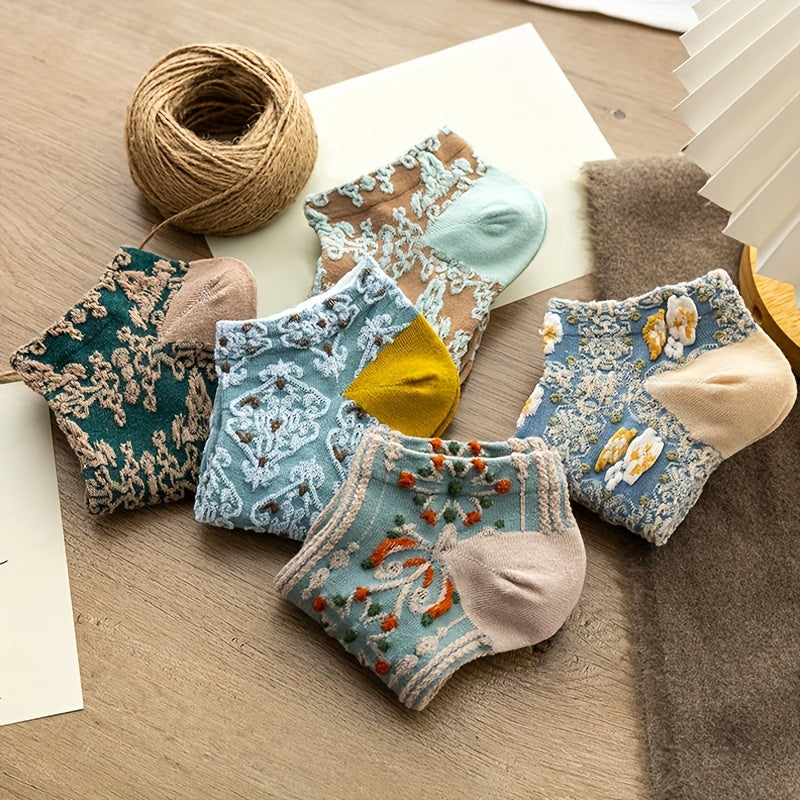 5 Pairs Vintage Floral Textured Short Socks Women's Stockings