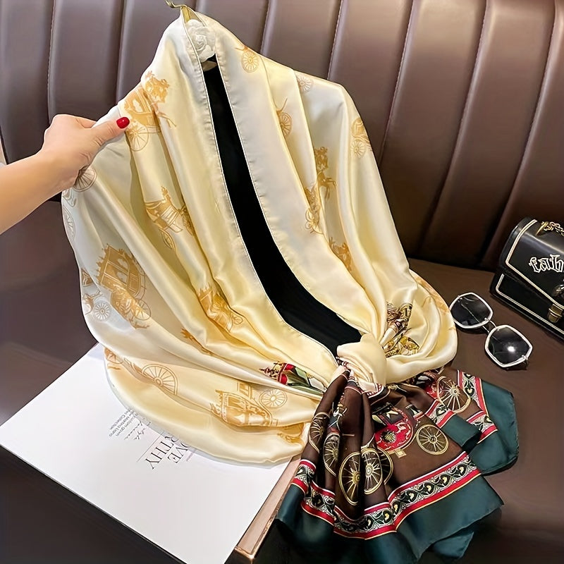 Retro Carriage Print Scarf Block Silk Shawl Head Wrap Women Sunscreen