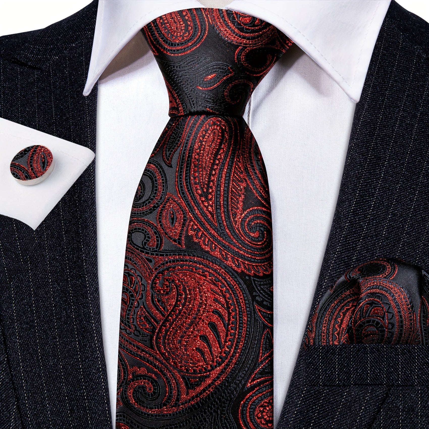 Barry Wang Red&Black Paisley Necktie Set