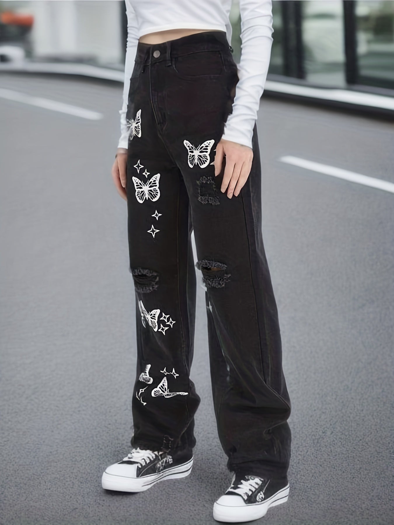 Butterfly Print Straight Jeans Ripped Holes Wide Legs Jeans