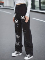 Butterfly Print Straight Jeans Ripped Holes Wide Legs Jeans